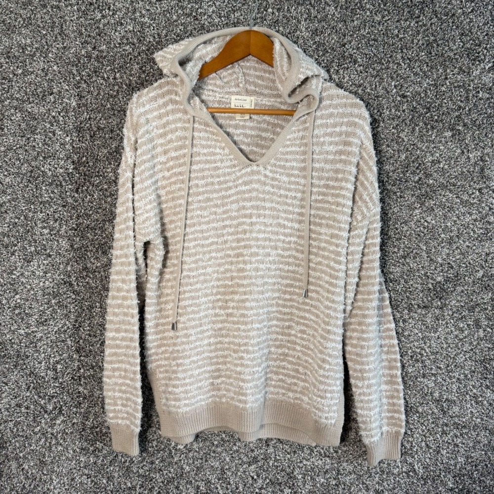 Nicole Miller Artelier Striped Hoodie Knit Sweater Tan XS M Boho Beachy Coastal